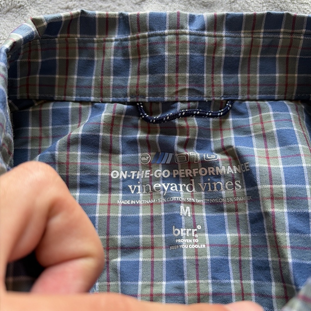 Vineyard Vines Shirt Mens Medium Blue Green Gingham On-The-Go Performance brrr - Picture 2 of 4